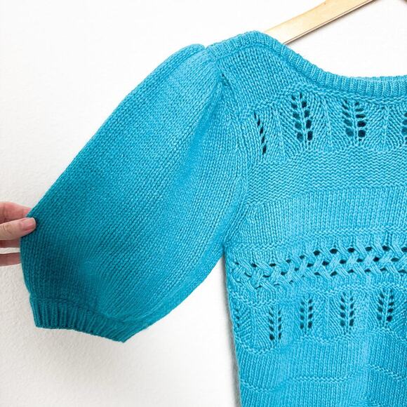 Vintage 80s Brass Plum teal blue silk angora puff sleeve knit sweater Small - Picture 3 of 5